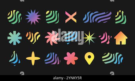 Contemporary holographic shapes and icon set. Organic striped UI design elements. Bauhaus art style. Flat vector illustration. Stock Vector