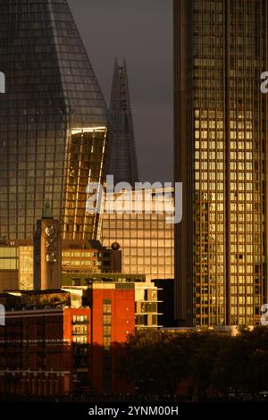 Skyscrapers from left to right: 1 Blackfriars, the Shard, and the Southbank Tower. The OXO tower can be seen in the foreground. 1 Blackfriars, London, Stock Photo
