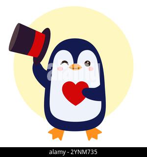 Cute penguin gentleman and heart. Vector simple flat illustration. Stock Vector