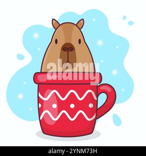 Cute capybara in a red cup. Vector Christmas illustration. Stock Vector