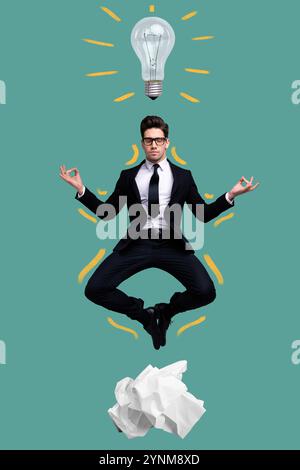 Vertical photo collage of serious man do yoga retreat meditation light bulb idea finding buddhism chakra isolated on painted background Stock Photo