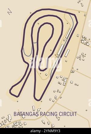 The image depicts a map of the Batangas Racing Circuit, a race track located in the Philippines. The track is outlined in a dark purple color Stock Vector