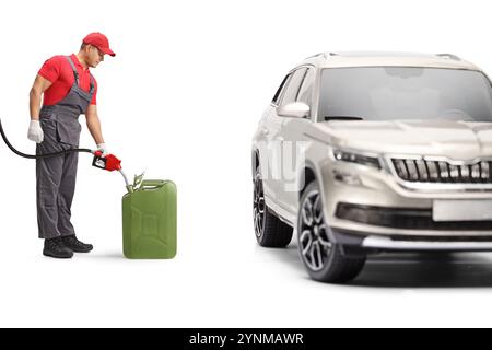 Gas jockey filling a SUV with petrol isolated on white background Stock ...