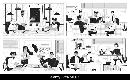 Teamwork meetings black and white line illustrations set Stock Vector