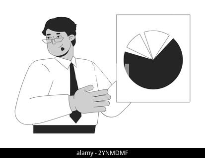 Arab businessman showing pie chart financial report black and white 2D line character Stock Vector