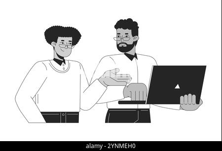 Diverse colleagues interaction laptop black and white 2D line characters Stock Vector