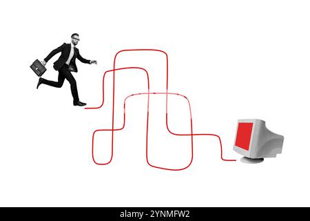 Creative collage picture young businessman find exit path way maze labyrinth computer digital device addiction drawing background Stock Photo