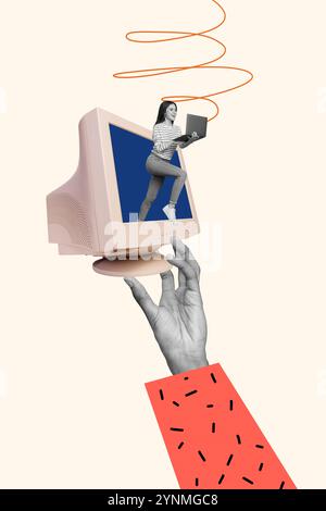 Creative vertical poster collage young woman computer digital device screen monitor remote job worker freelancer virtual network hand Stock Photo