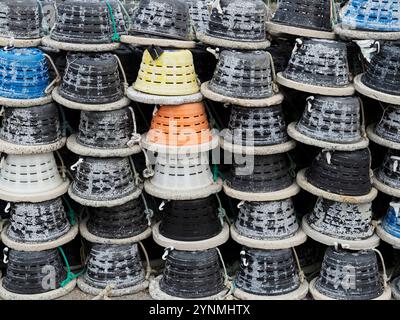 modern plastic lobster creels on the quayside at Saint-Vaast-la-Hougue,Manche,Normandy,France,Europe Stock Photo