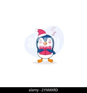 Penguin in Santa hat singing carols with sheet music Stock Vector