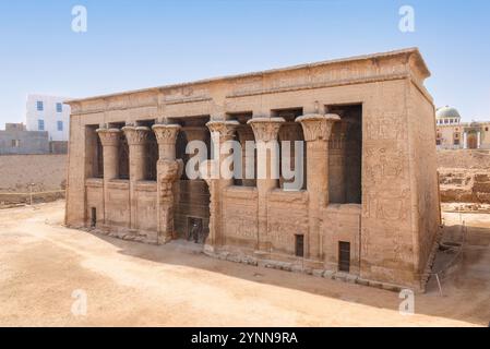 A view of the Temple of Esna. The ceiling has revealed a vibrant display which includes a set of zodiac signs and an annual flooding of the Nile. Stock Photo