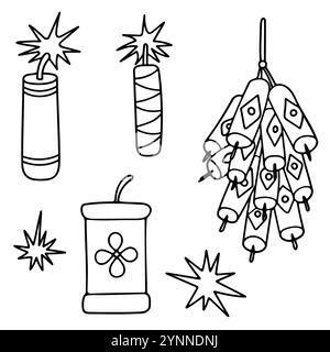 Firecrackers Icon Set. Black line contour elements isolated on a white background. Stock Vector