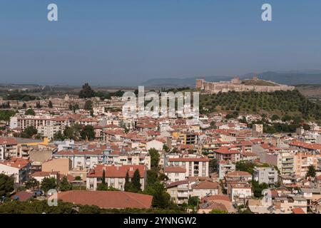 A view over the town of Selcuk with the imposing Ayasuluk fortress on the opposite hill. Stock Photo