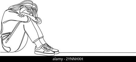 continuous single line drawing of crying woman covering face with hands ...