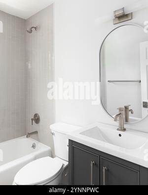 A bathroom detail with a grey cabinet, white ceramic sink, and a shower with brown vertical subway tiles. Stock Photo