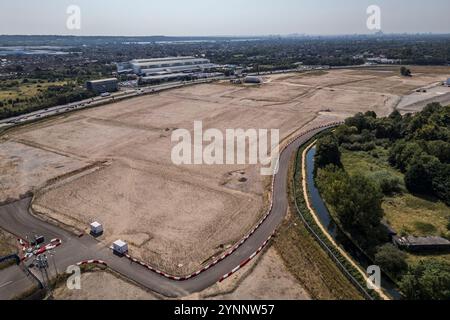 Panoramic aerial view of Sunset Waltham Cross Studios site before construction, UK (August 2024). Stock Photo