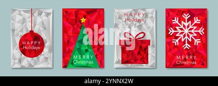 Set Christmas card in modern minimalist geometric low poly style, red and white paper backgrounds, elements for calendar and greetings cards or Happy Stock Vector