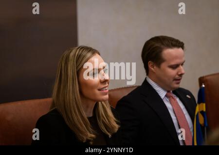 RIGA, Latvia. 26th Nov, 2024. Baiba Braze, Minister of Foreign Affairs of Latvia meets with Jessica Rosencrantz (at photo), Minister for EU Affairs of Sweden. Credit: Gints Ivuskans/Alamy Live News Stock Photo