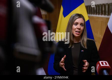 RIGA, Latvia. 26th Nov, 2024. Baiba Braze, Minister of Foreign Affairs of Latvia meets with Jessica Rosencrantz (at photo), Minister for EU Affairs of Sweden. Credit: Gints Ivuskans/Alamy Live News Stock Photo