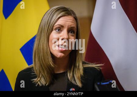 RIGA, Latvia. 26th Nov, 2024. Baiba Braze, Minister of Foreign Affairs of Latvia meets with Jessica Rosencrantz (at photo), Minister for EU Affairs of Sweden. Credit: Gints Ivuskans/Alamy Live News Stock Photo