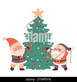 Two cheerful gnomes decorate the Christmas tree with a garland. Festive atmosphere. Festive colors. Stock Vector