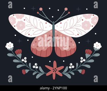 Butterfly or moth with a boho style pattern. Floral wreath. Magical illustration in pastel retro colors. Stock Vector