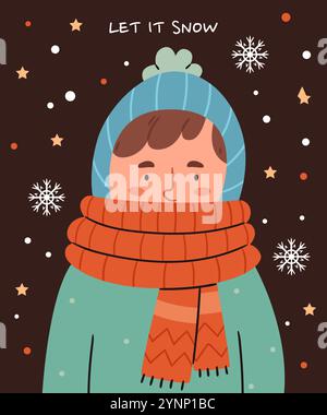 Cute winter card. Child in winter clothes on a snow background. Text let it snow. Stock Vector
