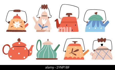 Set of very cute vintage teapots of different shapes in pastel colors. Ethnic floral and geometric patterns. Stock Vector