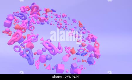 3d rendering of torus shape made of many different colorful shapes with purple background Stock Photo