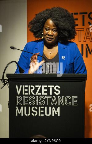 AMSTERDAM - Departing NiNsee director Linda Nooitmeer while giving the annual Anton de Kom lecture at the Resistance Museum. The lecture calls attention to the fight against intolerance and discrimination and to the history of minority groups and their position in Dutch society. ANP DINGENA MOL netherlands out - belgium out Stock Photo