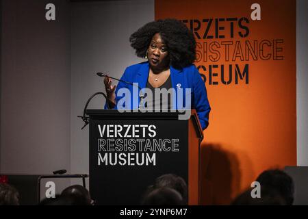 AMSTERDAM - Departing NiNsee director Linda Nooitmeer while giving the annual Anton de Kom lecture at the Resistance Museum. The lecture calls attention to the fight against intolerance and discrimination and to the history of minority groups and their position in Dutch society. ANP DINGENA MOL netherlands out - belgium out Stock Photo