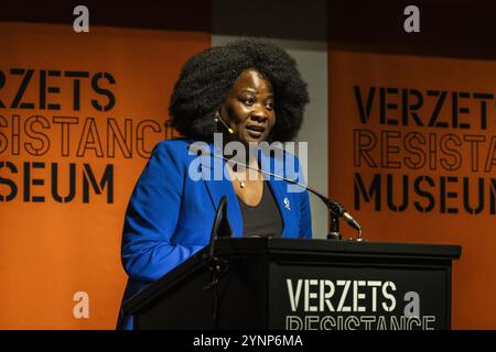 AMSTERDAM - Departing NiNsee director Linda Nooitmeer while giving the annual Anton de Kom lecture at the Resistance Museum. The lecture calls attention to the fight against intolerance and discrimination and to the history of minority groups and their position in Dutch society. ANP DINGENA MOL netherlands out - belgium out Stock Photo