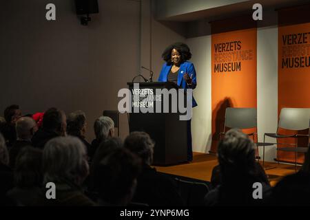 AMSTERDAM - Departing NiNsee director Linda Nooitmeer while giving the annual Anton de Kom lecture at the Resistance Museum. The lecture calls attention to the fight against intolerance and discrimination and to the history of minority groups and their position in Dutch society. ANP DINGENA MOL netherlands out - belgium out Stock Photo