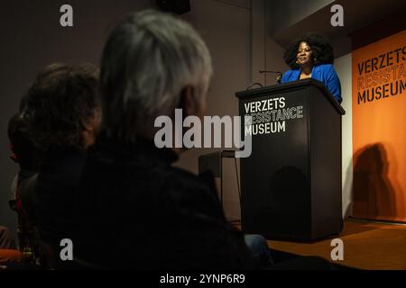 AMSTERDAM - Departing NiNsee director Linda Nooitmeer while giving the annual Anton de Kom lecture at the Resistance Museum. The lecture calls attention to the fight against intolerance and discrimination and to the history of minority groups and their position in Dutch society. ANP DINGENA MOL netherlands out - belgium out Stock Photo