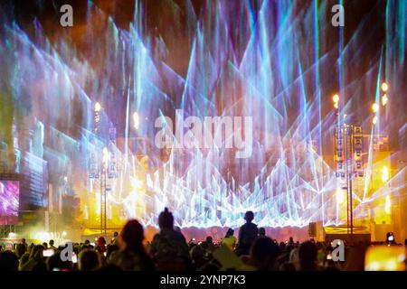 Spectacular bright open air laser show performance at the city festival Stock Photo