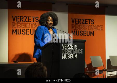 AMSTERDAM - Departing NiNsee director Linda Nooitmeer while giving the annual Anton de Kom lecture at the Resistance Museum. The lecture calls attention to the fight against intolerance and discrimination and to the history of minority groups and their position in Dutch society. ANP DINGENA MOL netherlands out - belgium out Stock Photo