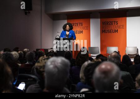 AMSTERDAM - Departing NiNsee director Linda Nooitmeer while giving the annual Anton de Kom lecture at the Resistance Museum. The lecture calls attention to the fight against intolerance and discrimination and to the history of minority groups and their position in Dutch society. ANP DINGENA MOL netherlands out - belgium out Stock Photo