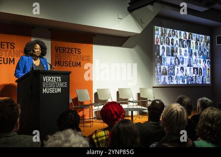 AMSTERDAM - Departing NiNsee director Linda Nooitmeer while giving the annual Anton de Kom lecture at the Resistance Museum. The lecture calls attention to the fight against intolerance and discrimination and to the history of minority groups and their position in Dutch society. ANP DINGENA MOL netherlands out - belgium out Stock Photo