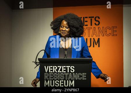 AMSTERDAM - Departing NiNsee director Linda Nooitmeer while giving the annual Anton de Kom lecture at the Resistance Museum. The lecture calls attention to the fight against intolerance and discrimination and to the history of minority groups and their position in Dutch society. ANP DINGENA MOL netherlands out - belgium out Stock Photo