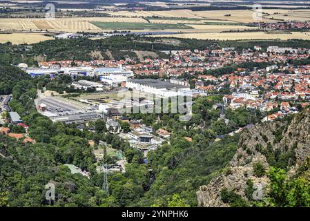 A view of Thale from the Hexentanzplatz in the Harz Mountains under a blue sky Stock Photo