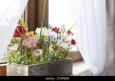Artificial plant colorful flower in flowerpot on window sill indoors, interior design Stock Photo
