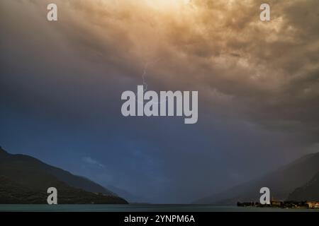 A strong thunderstorm with lots of lightning over Lake Como Stock Photo