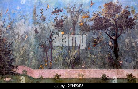 Rome. Italy. Fresco depicting scenes of a garden from Villa Livia of Prima Porta, 1st C AD, Palazzo Massimo alle Terme, Museo Nazionale Romano Stock Photo