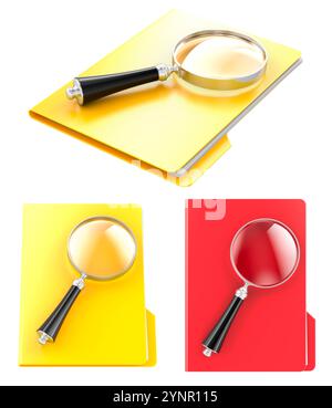 Yellow and red folders with magnifier, top and side views. 3D rendering isolated on white background Stock Photo