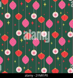 New Year pattern gift wrap design. Christmas baubles decor ornaments green and pink background. Stock Vector