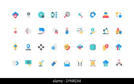 Innovation communication technology, digital data optimization with AI and algorithms, cloud connection color icon set. Distribution and navigation of drone, robot flat elements vector illustration Stock Vector