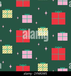 New Year pattern gift wrap design. Christmas pink red gift boxes decor ornaments green background. Stock Vector