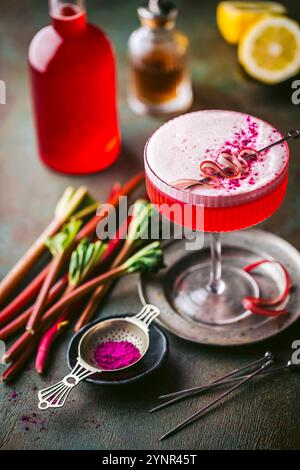 Beautiful pink cocktail with frothy top in coupe glass with rhubarb curl and sprinkled berry powder garnish, fresh rhubarb stalks and syrup in backgro Stock Photo