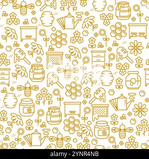 Apiary icon seamless pattern. Honey production line symbols Stock Vector