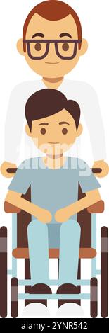 Doctor push patient wheelchair. Cartoon medical care isolated on white background Stock Vector